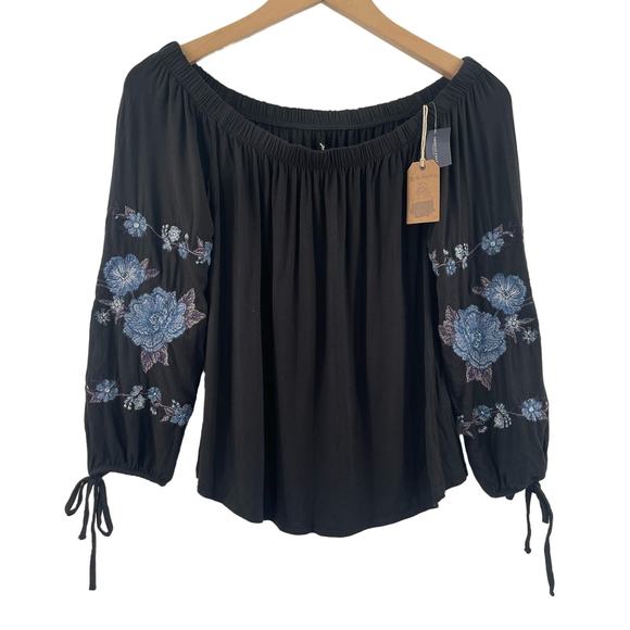 AMERICAN EAGLE Top Size Small Black Embroidery Embroidered Blue NWT Peasant - Picture 1 of 13